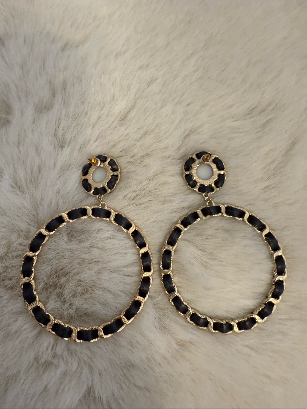 Gold Hoop Drop Earrings with Black Inset Detailing